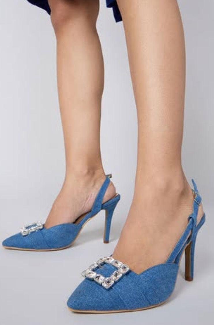Denim slingback heels with crystal buckle